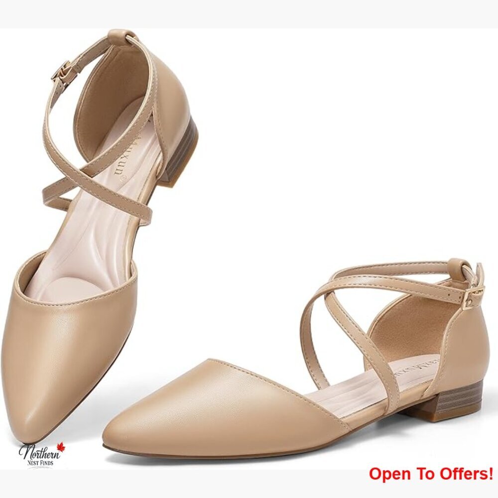 Faux Leather Pointed Toe Flats with Adjustable Ankle Strap
